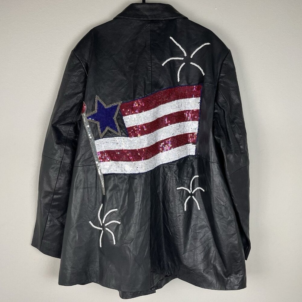 Quacker Factory QVC Leather Jacket Coat Patriotic Sequin USA Flag